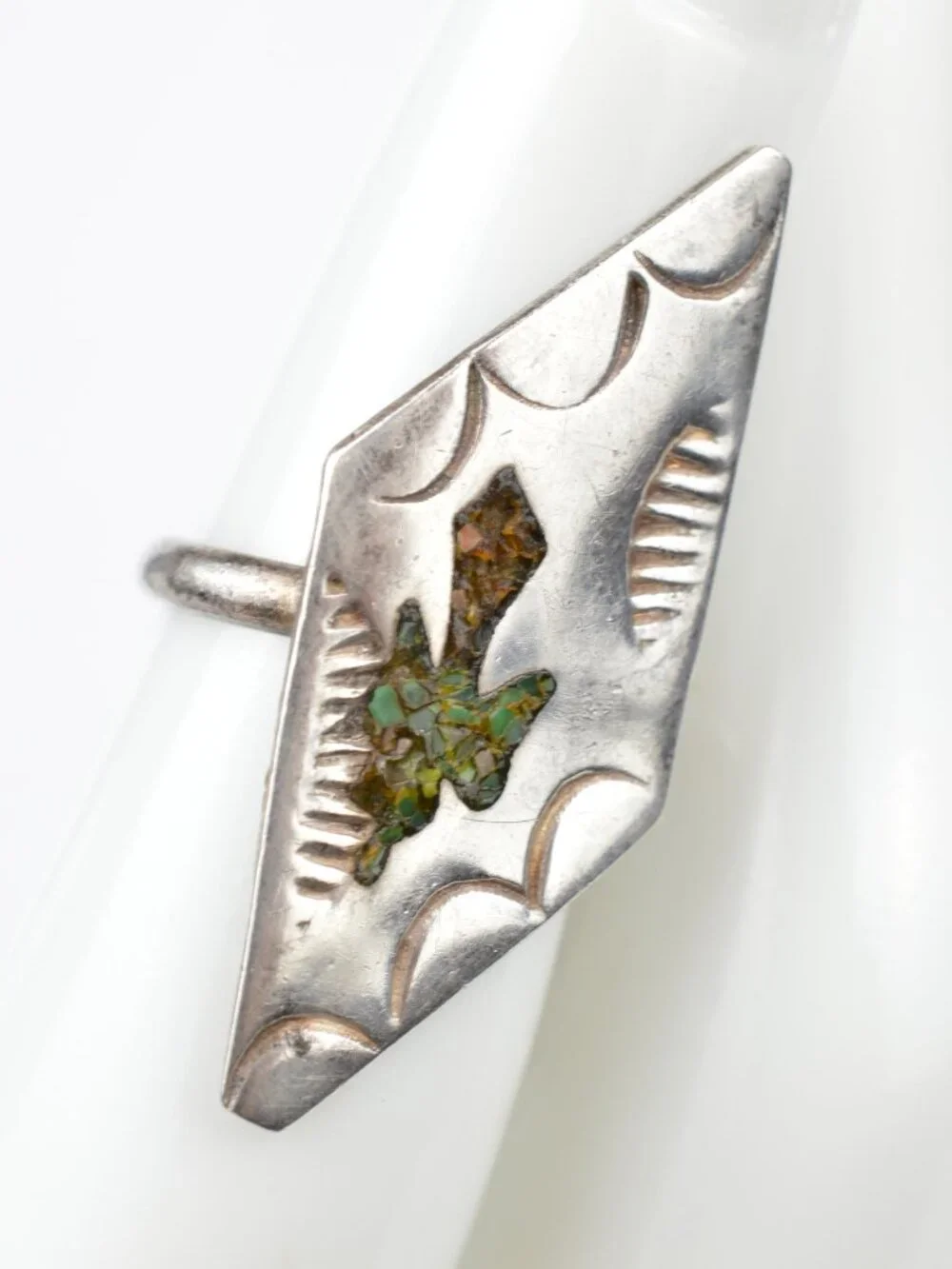 Vintage Navajo Sterling Silver Peyote Bird Waterbird Chip Inlay Ring Size 3.5